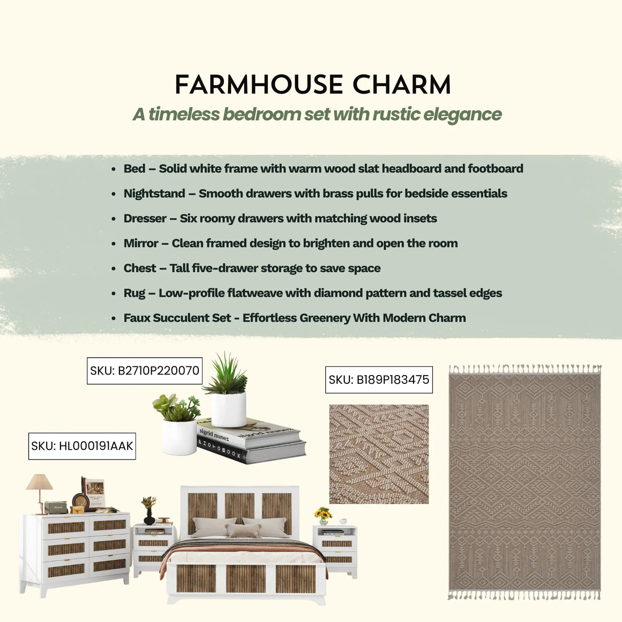 Bedroom Bundle - Queen Bed + Dresser + Two Nightstands + Rug + Faux Plant - Furniture Home Direct