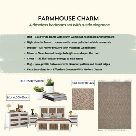 Bedroom Bundle - Queen Bed + Dresser + Two Nightstands + Rug + Faux Plant - Furniture Home Direct