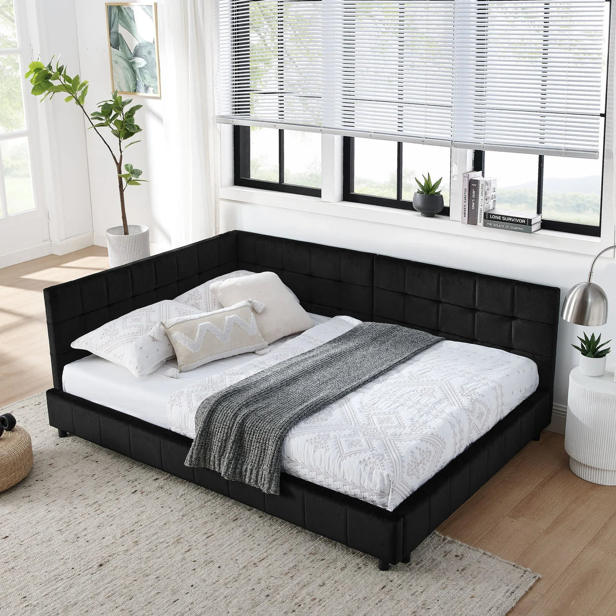 Mid-Century Storage Upholstered Tufted Bed Frame With Backrest And Armrests - Furniture Home Direct