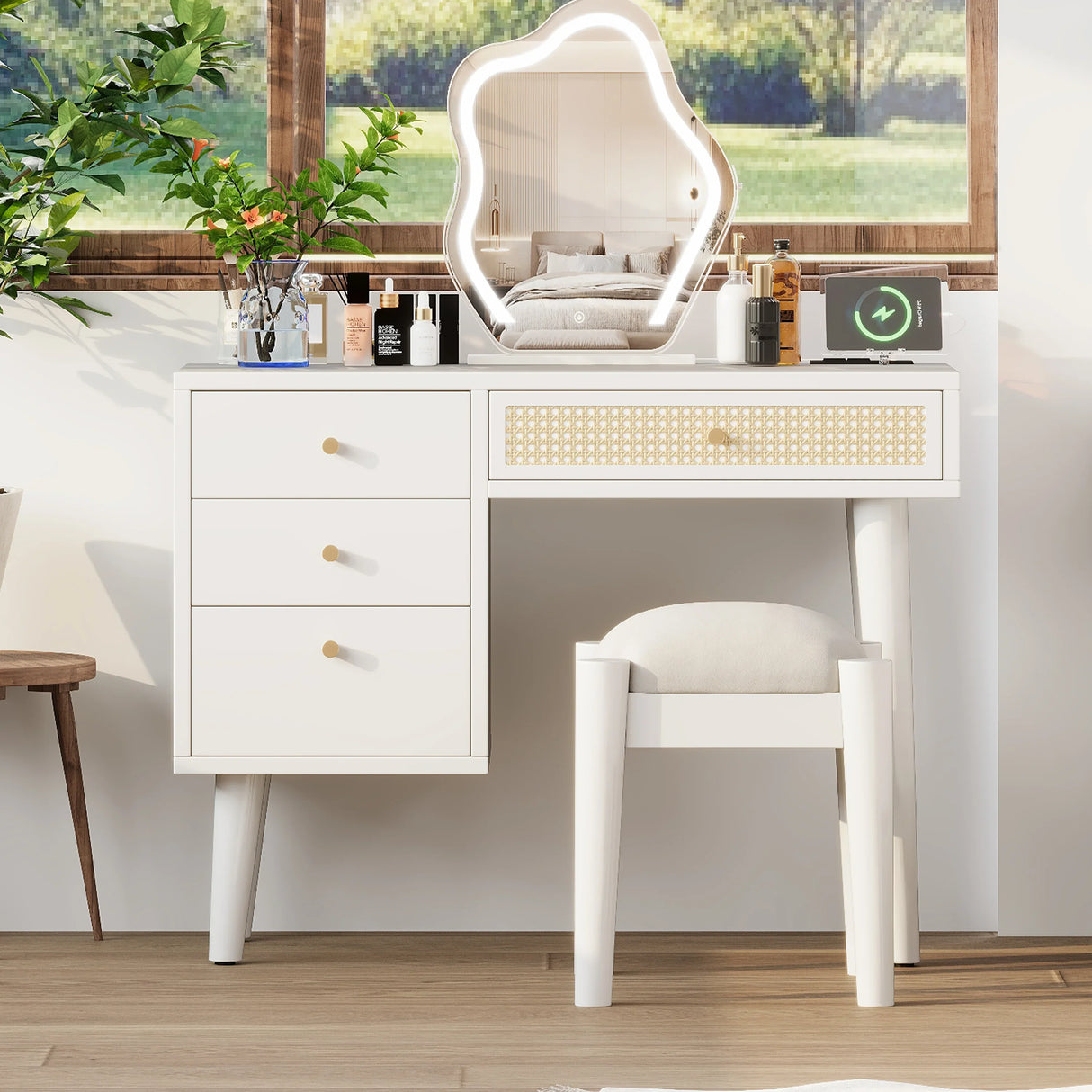Vanity Desk Bohemian Retro Wood Makeup Station White - Furniture Home Direct