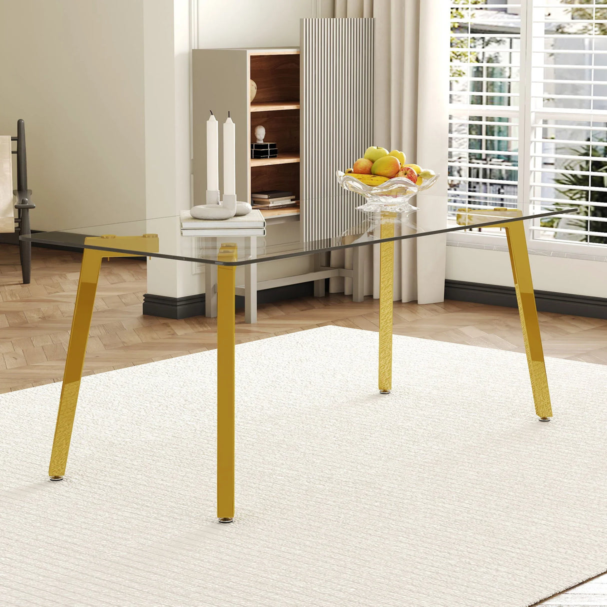 Minimalist Rectangular Dining Table With Transparent Glass Top And Metal Legs - Furniture Home Direct