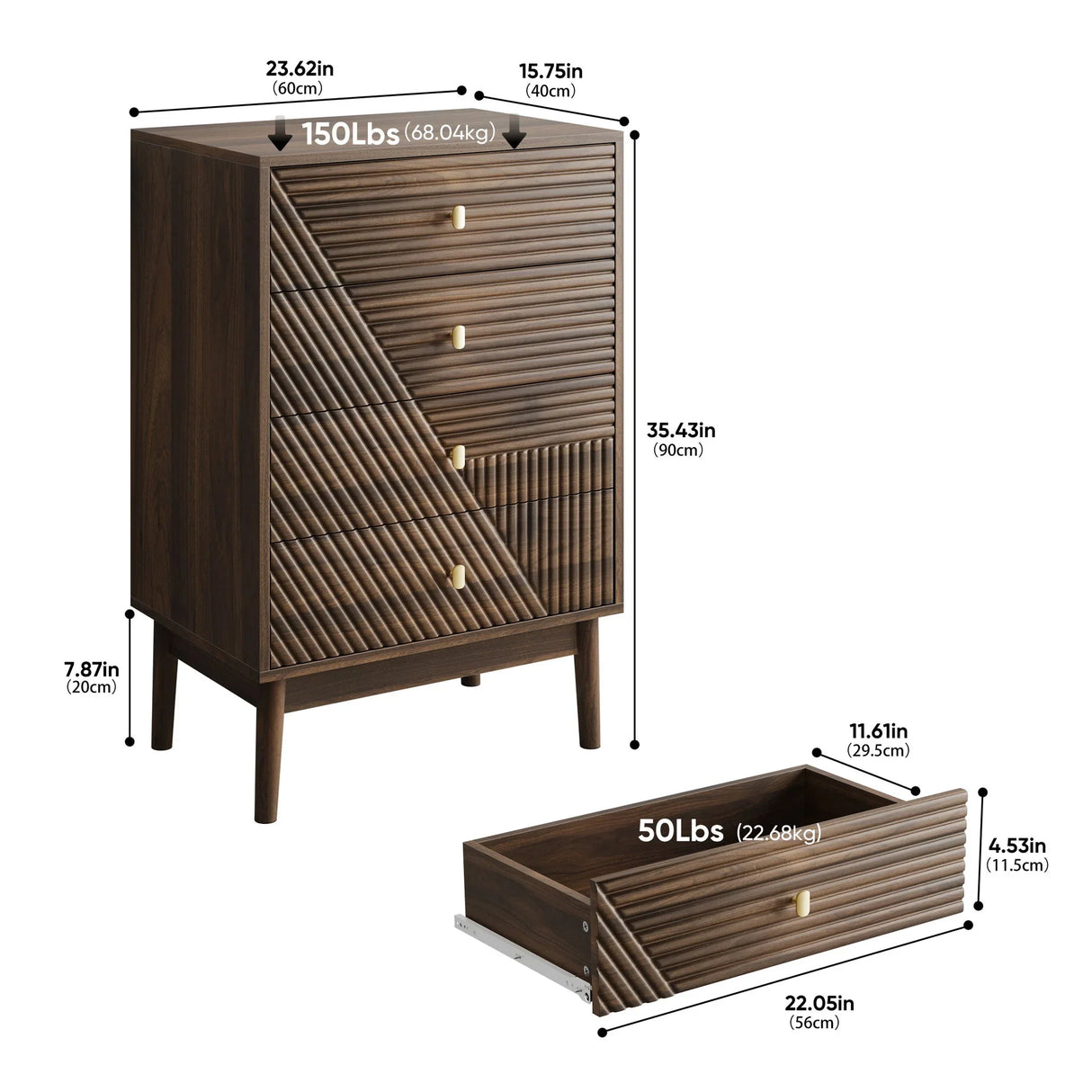 Modern 4 Drawer Dresser Chest For Living Room, Bedroom, Corridor Wooden Storage Cabinet - Walnut - Furniture Home Direct