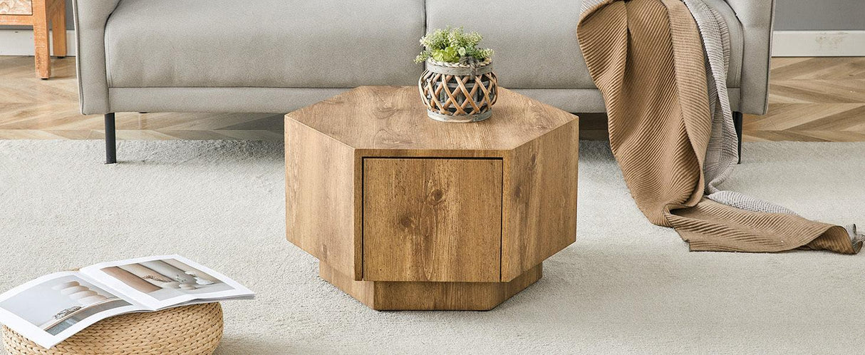 Coffee Table Hexagonal Drawer Unit Sleek Natural Wood - Furniture Home Direct