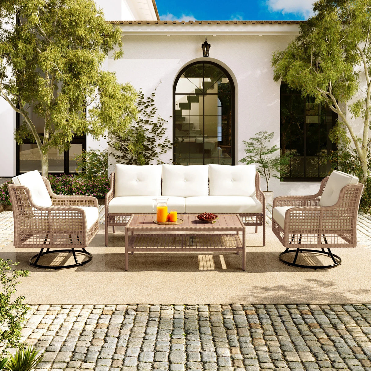 4 Piece Outdoor Patio Set with Swivel Chairs - Beige - Furniture Home Direct