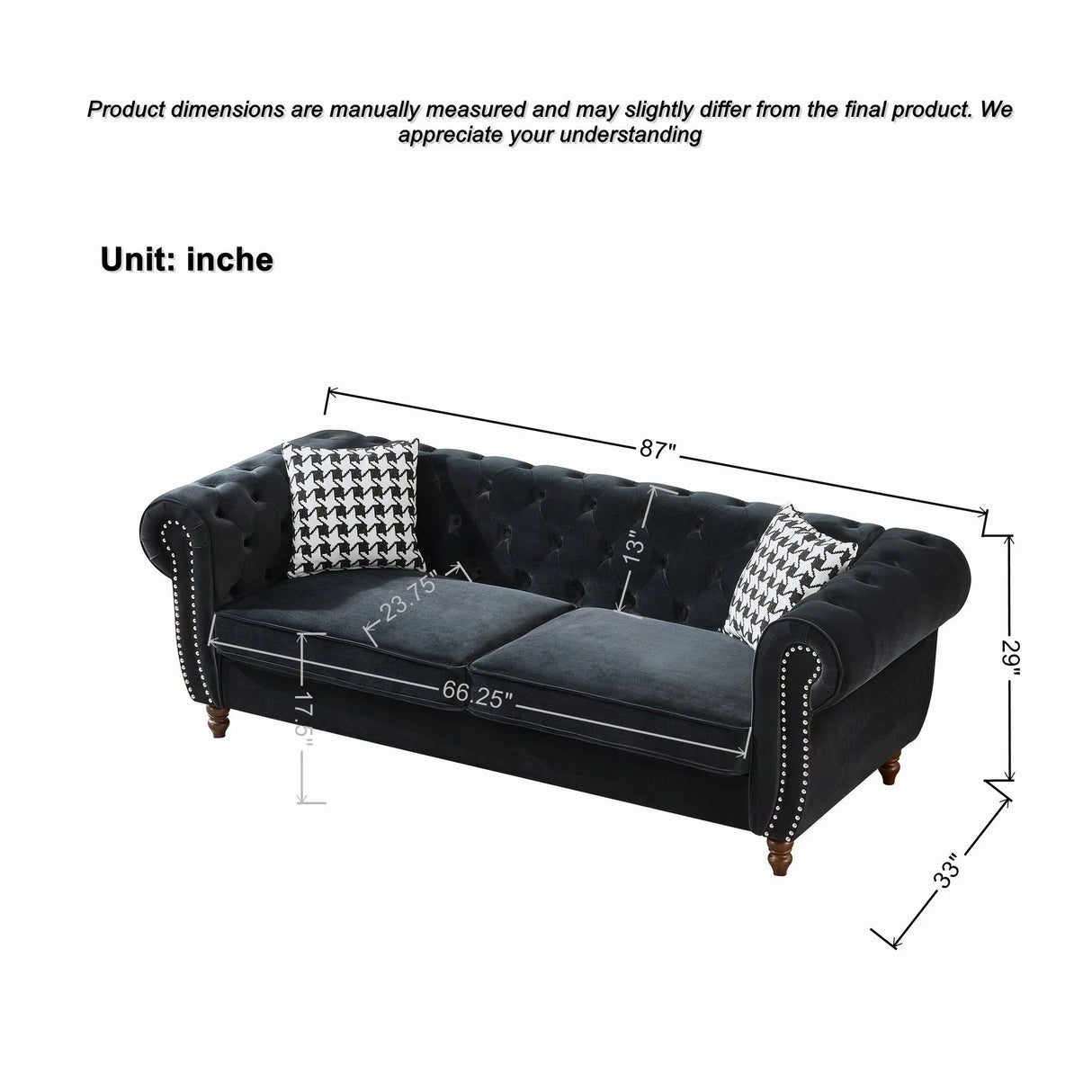 Chesterfield Velvet Upholstery Fabric Sofa With Roll Armrest & Nailhead, Mid Century Modern 3 And 3 Seater Couch - Furniture Home Direct