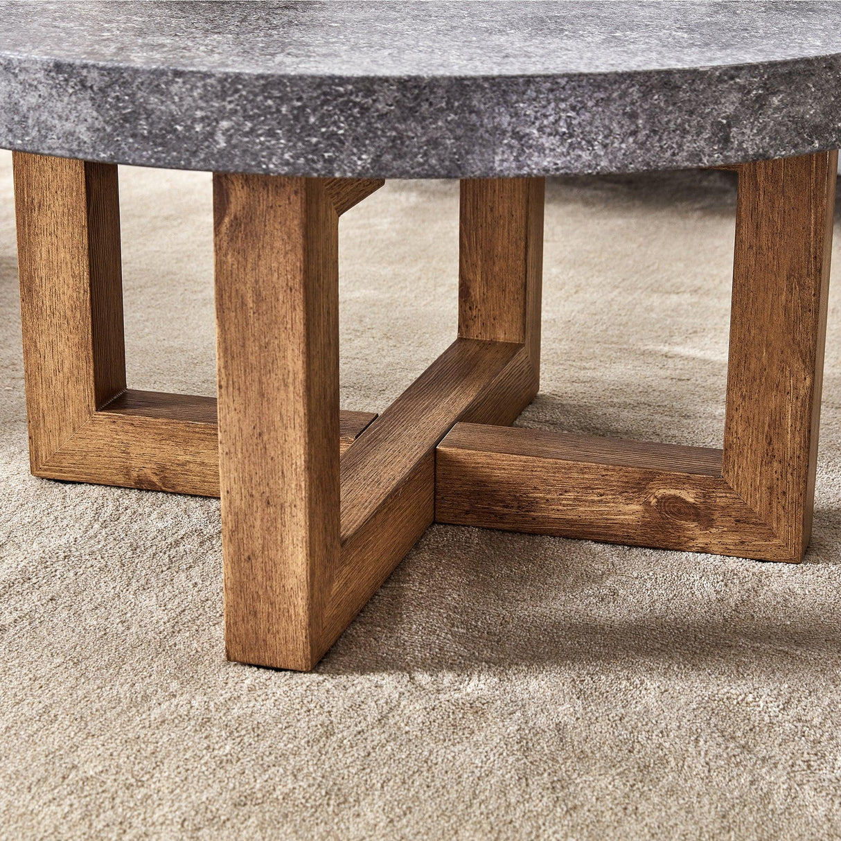 Coffee Table Round Stone Finish Wood Base Contemporary Gray - Furniture Home Direct