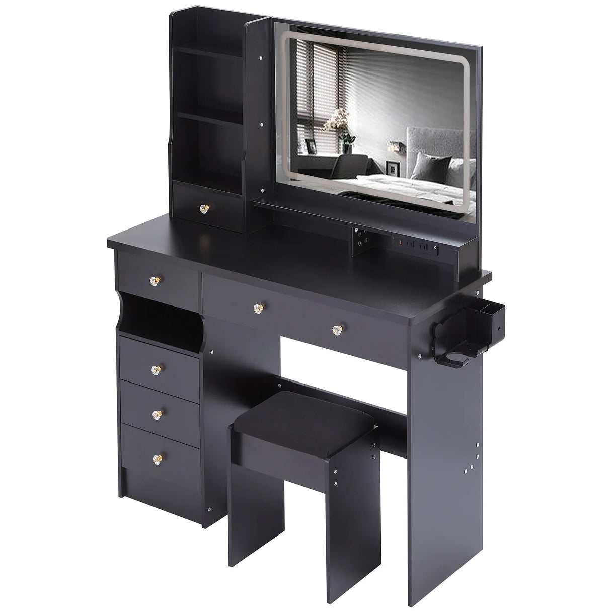 Vanity Desk With Cushioned Stool And Mirror Set Black - Furniture Home Direct