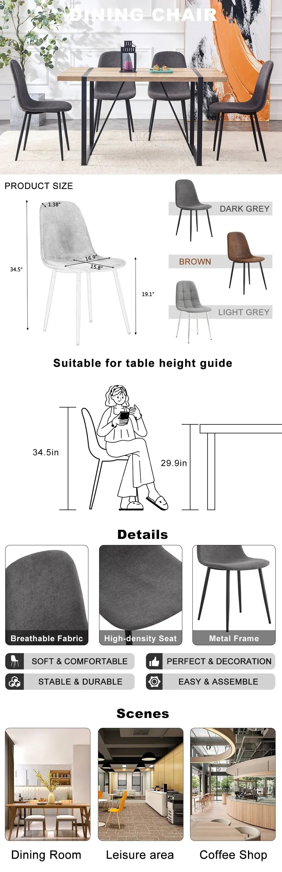 Dining Chair Set Modern Upholstered Linen Cotton Dark Gray - Furniture Home Direct