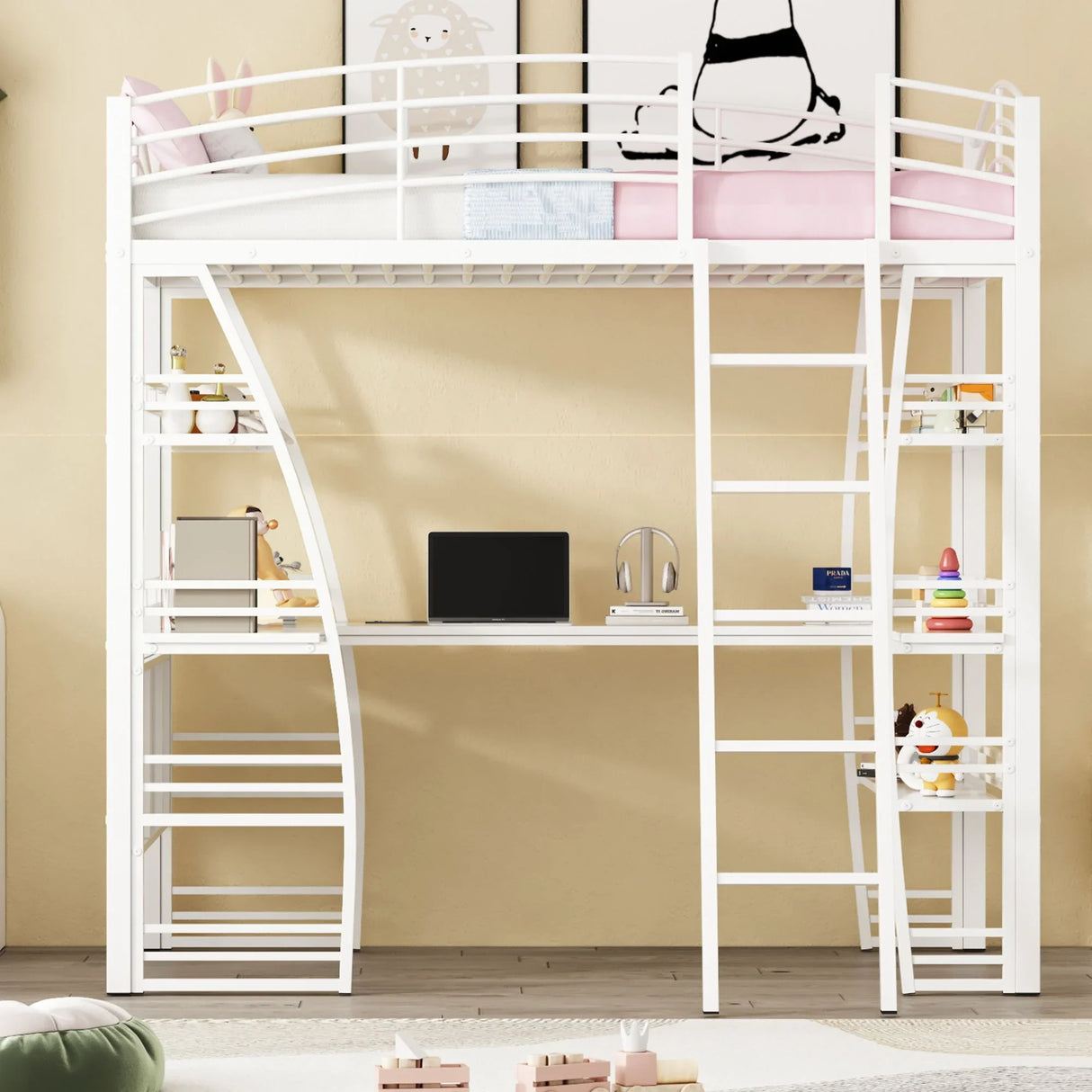 Loft Bed With 4 Layers Of Shelves And L-Shaped Desk, Stylish Metal Frame Bed With A Set Of Sockets, USB Ports And And Wireless Charging - Furniture Home Direct