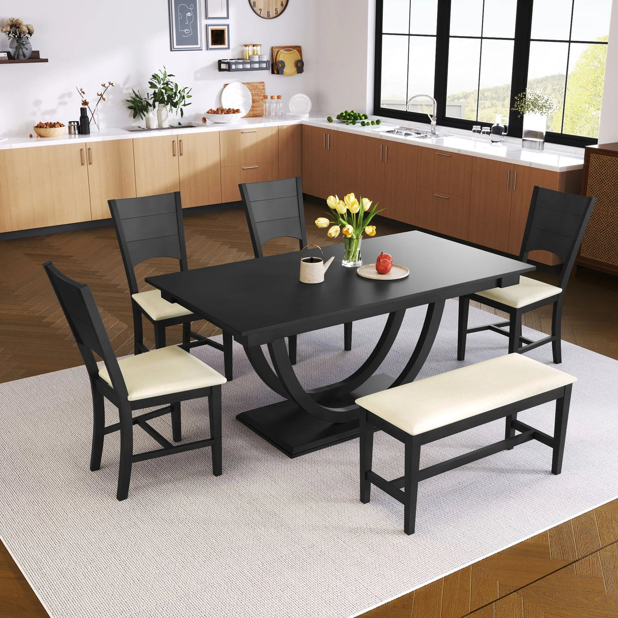 Topmax - 6 Piece Wood Half Round Dining Table Set Kitchen Table Set With Long Bench And 4 Dining Chairs, Modern Style - Furniture Home Direct