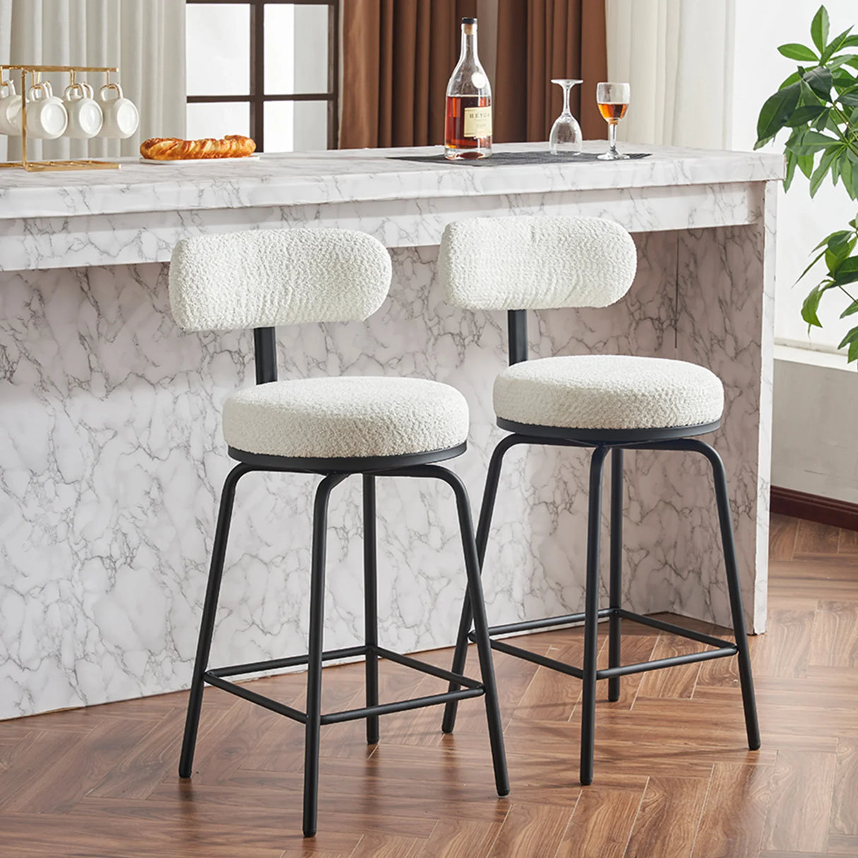 Counter Height Bar Stool Swivel Fabric Upholstery White - Furniture Home Direct