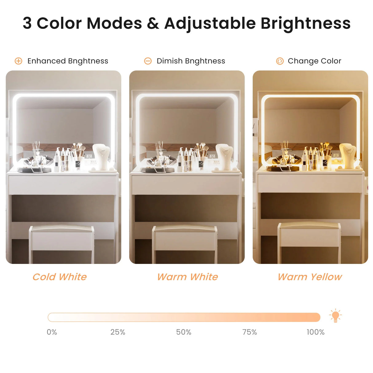Vanity Table With LED Mirror And Built In Storage White - Furniture Home Direct