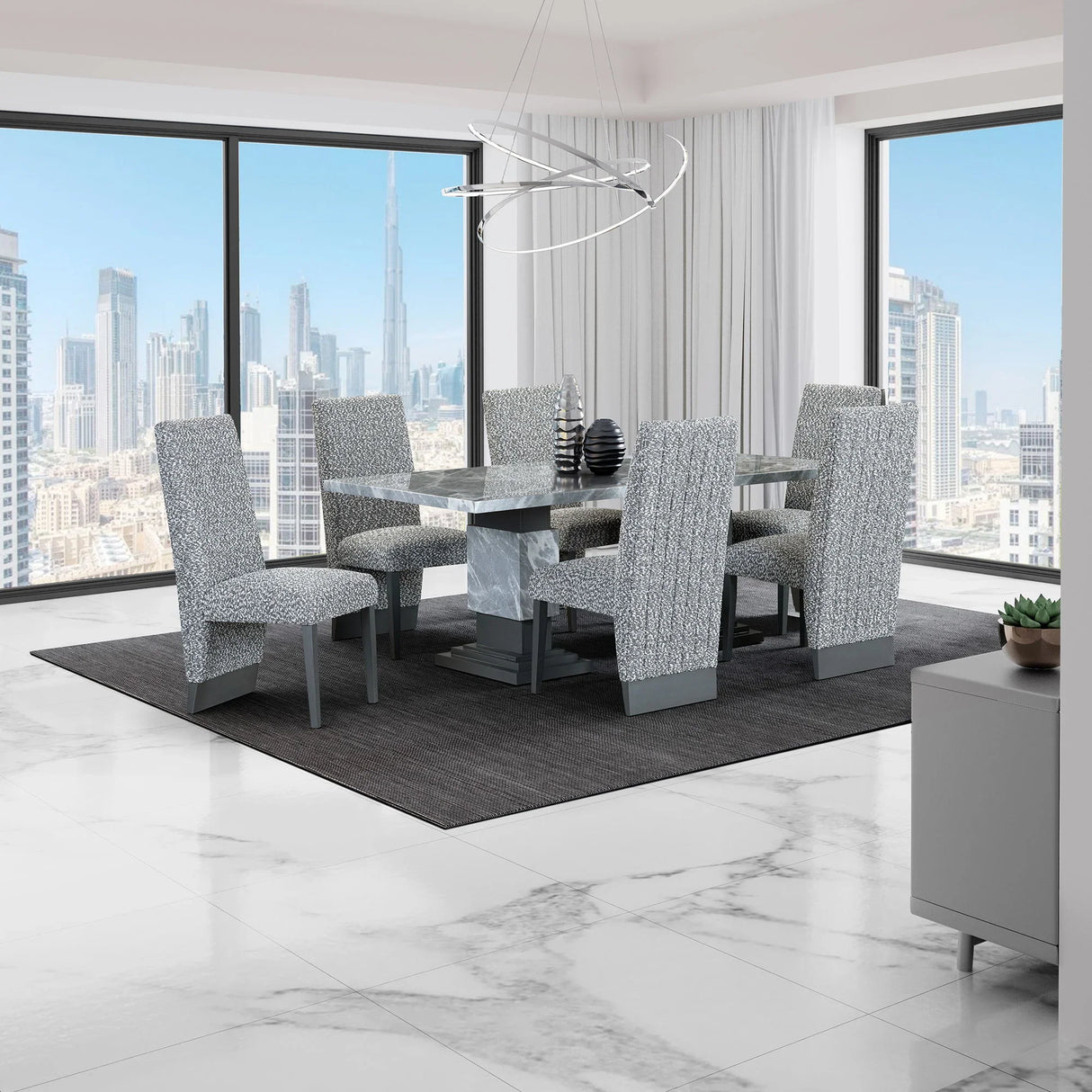 Michelle - Dining Table With Double Pedestal Marble Detailing - Gray - Furniture Home Direct