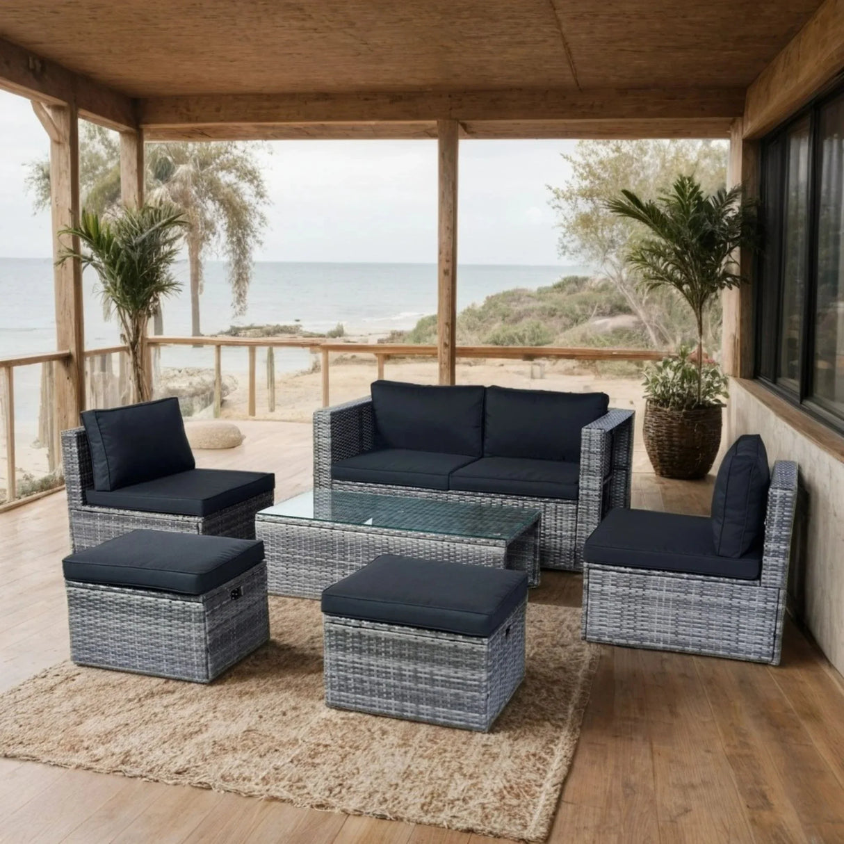 6 Piece Patio Wicker Sectional Set Patio Backyard Conversation Set Space Saving - Gray / Black - Furniture Home Direct