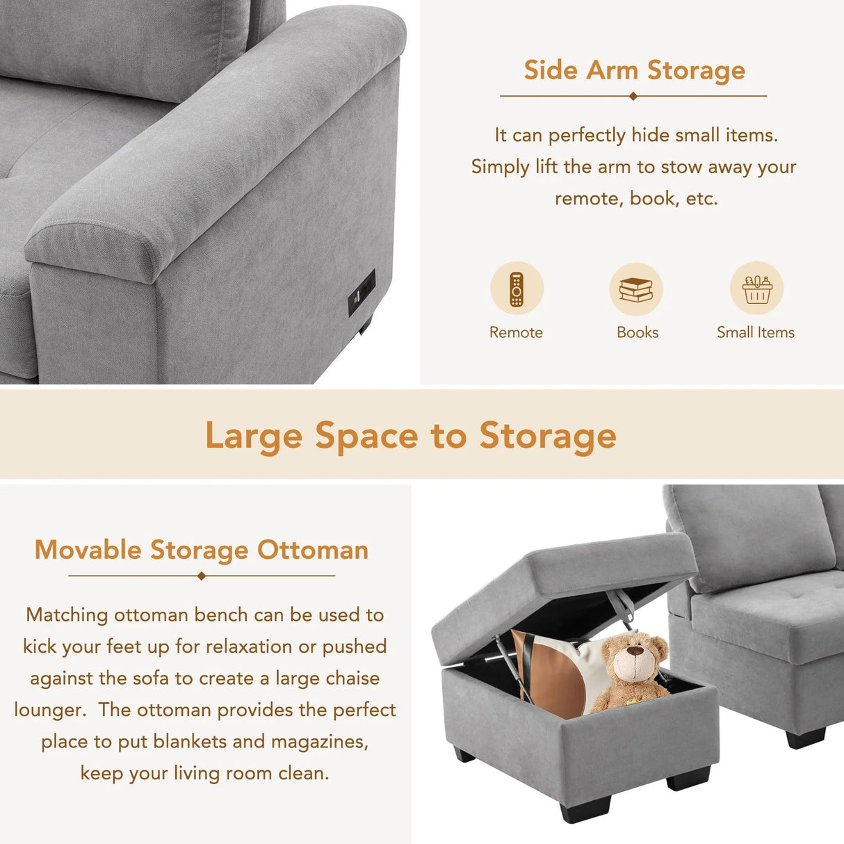Sleeper Sectional Sofa, L-Shape Corner Couch Sofa Bed With Storage Ottoman & Hidden Arm Storage & USB Charge For Living Room Apartment - Furniture Home Direct