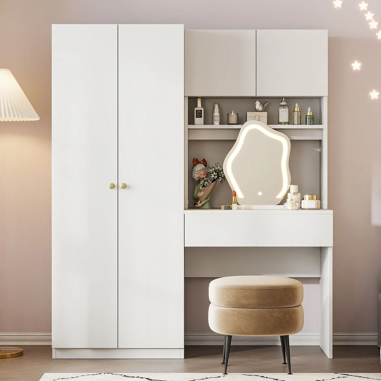 2 Door Storage Vanity Wardrobe For Bedroom With Makeup Mirror And Drawers - White - Furniture Home Direct