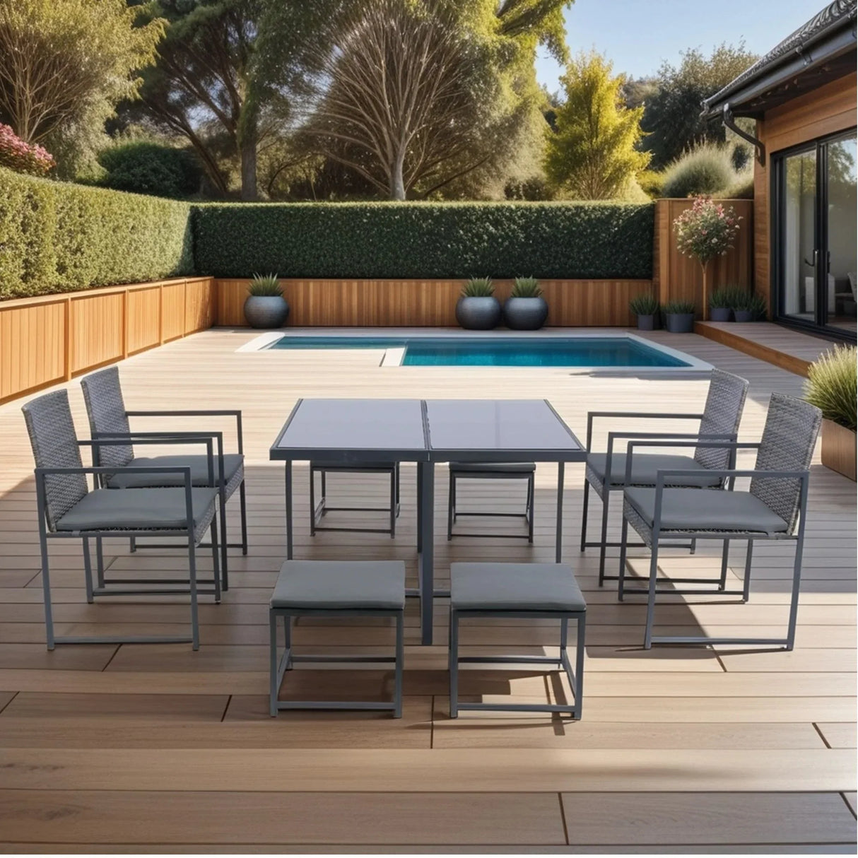 9 Pieces Patio Dining Sets Outdoor Space Saving Rattan Chairs With Glass Table Top Wicker And Cushion - Dark Gray - Furniture Home Direct