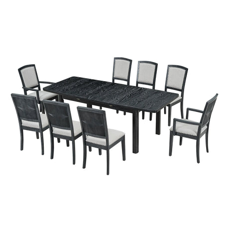 Topmax - Rustic Extendable Dining Table Set With Removable Leaf, 6 Upholstered Armless Dining Chairs And 2 Padded Arm Chairs, 9 Pieces - Furniture Home Direct