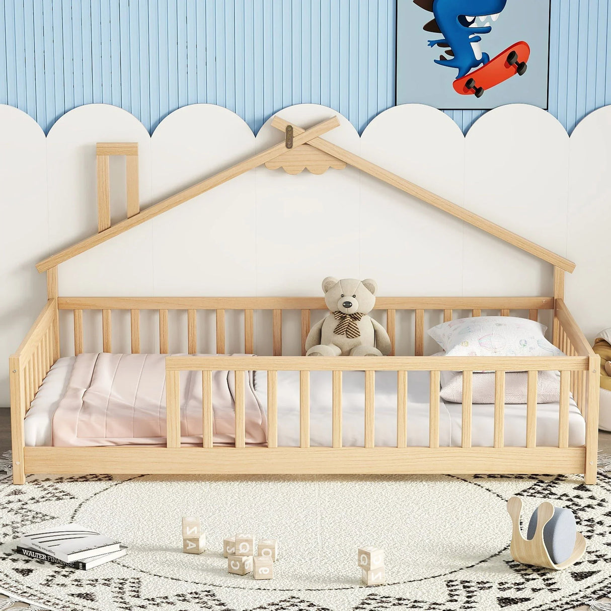 House-Shaped Bedside Floor Bed With Guardrails, Slats, Without Door - Furniture Home Direct