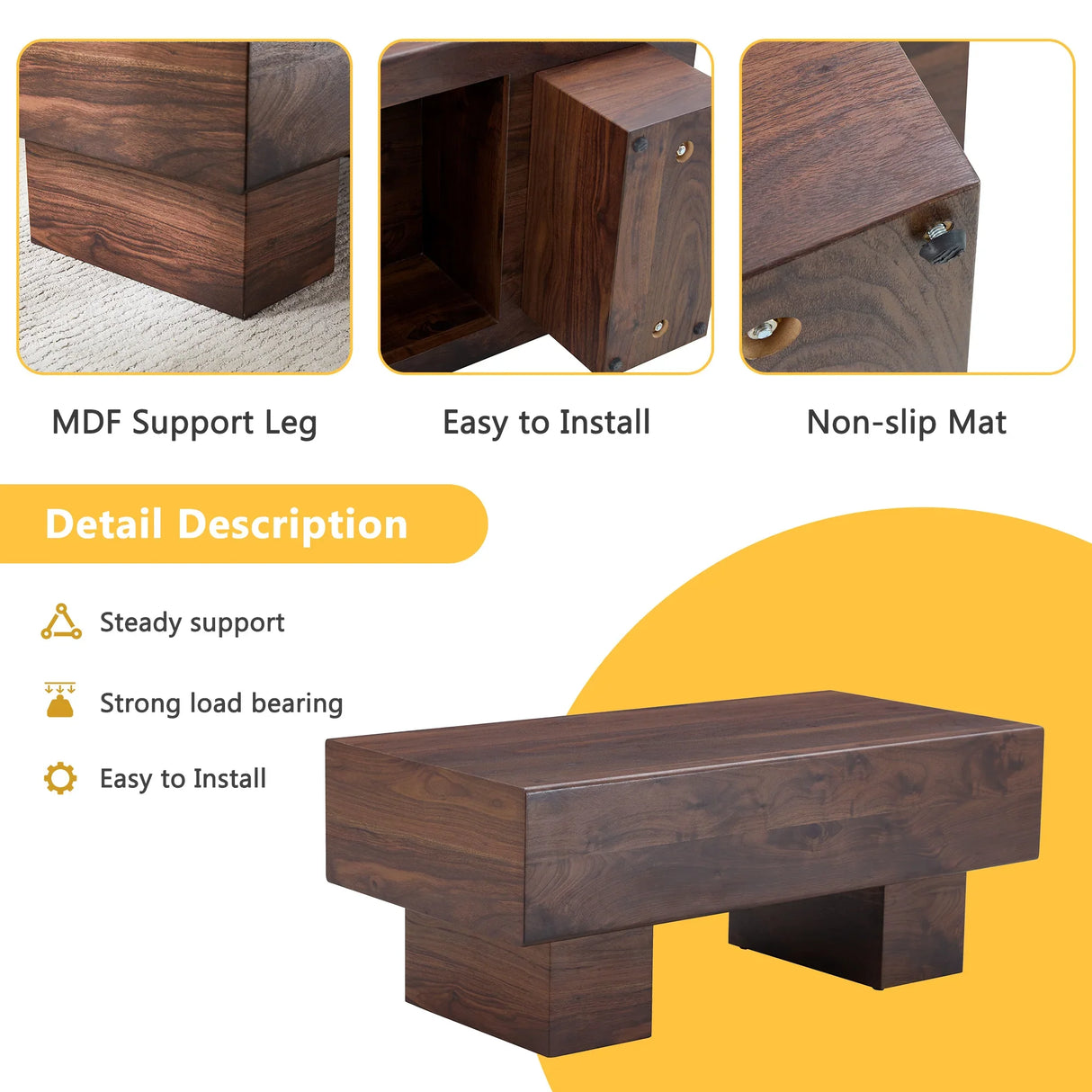Coffee Table Solid Wood Long Rectangular Dark Walnut - Furniture Home Direct