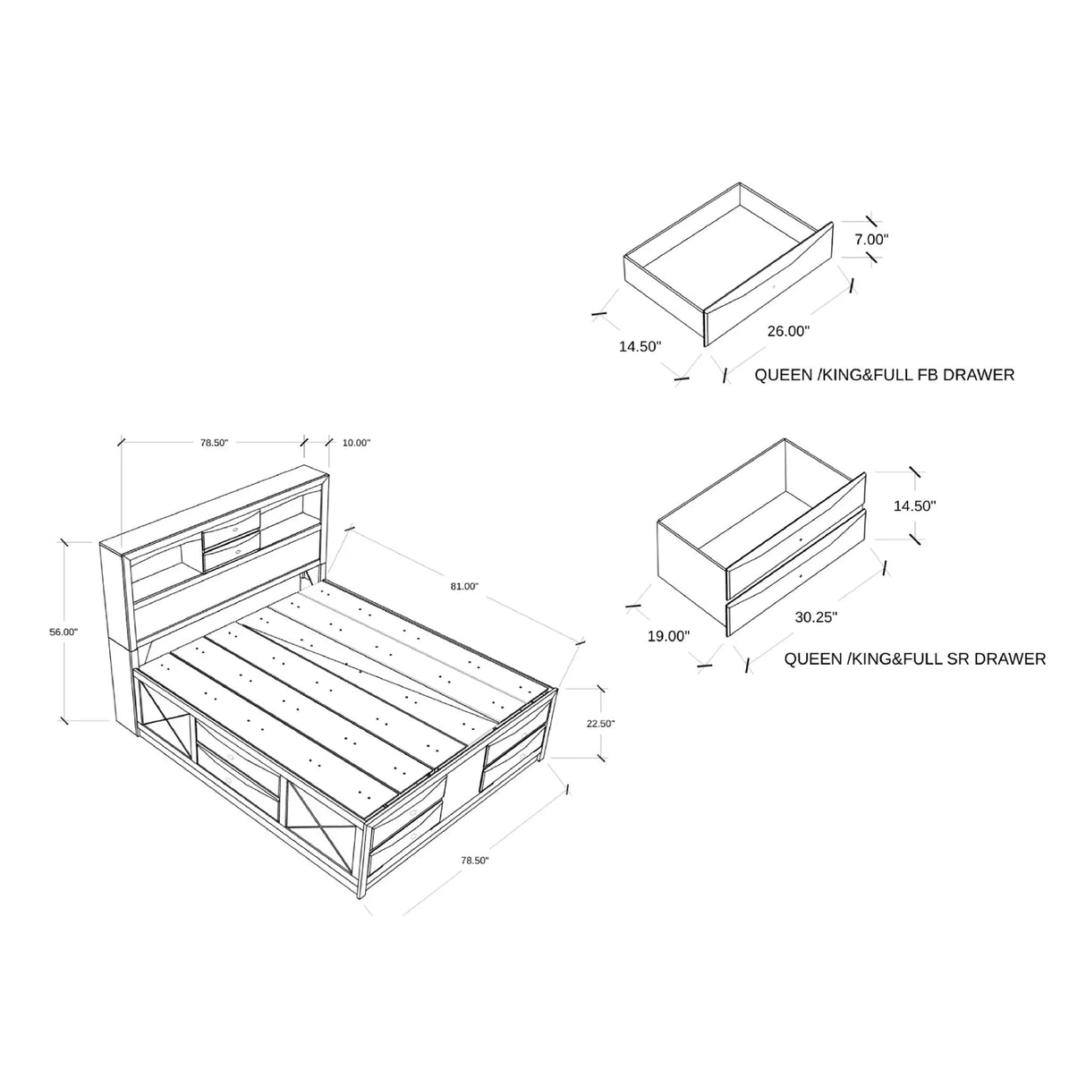 Lucille - 5 Piece Bedroom Set With Storage Drawers And Bookcase Headboard - Furniture Home Direct