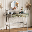 33.9" Mirrored Makeup Vanity Desk With Mirror And Lights, Mirrored Console Vanity Table With 2 Big Drawers & Open Shelf, Dressing Table With Charging Station For Bedroom - Silver - Furniture Home Direct