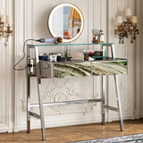 33.9" Mirrored Makeup Vanity Desk With Mirror And Lights, Mirrored Console Vanity Table With 2 Big Drawers & Open Shelf, Dressing Table With Charging Station For Bedroom - Silver - Furniture Home Direct