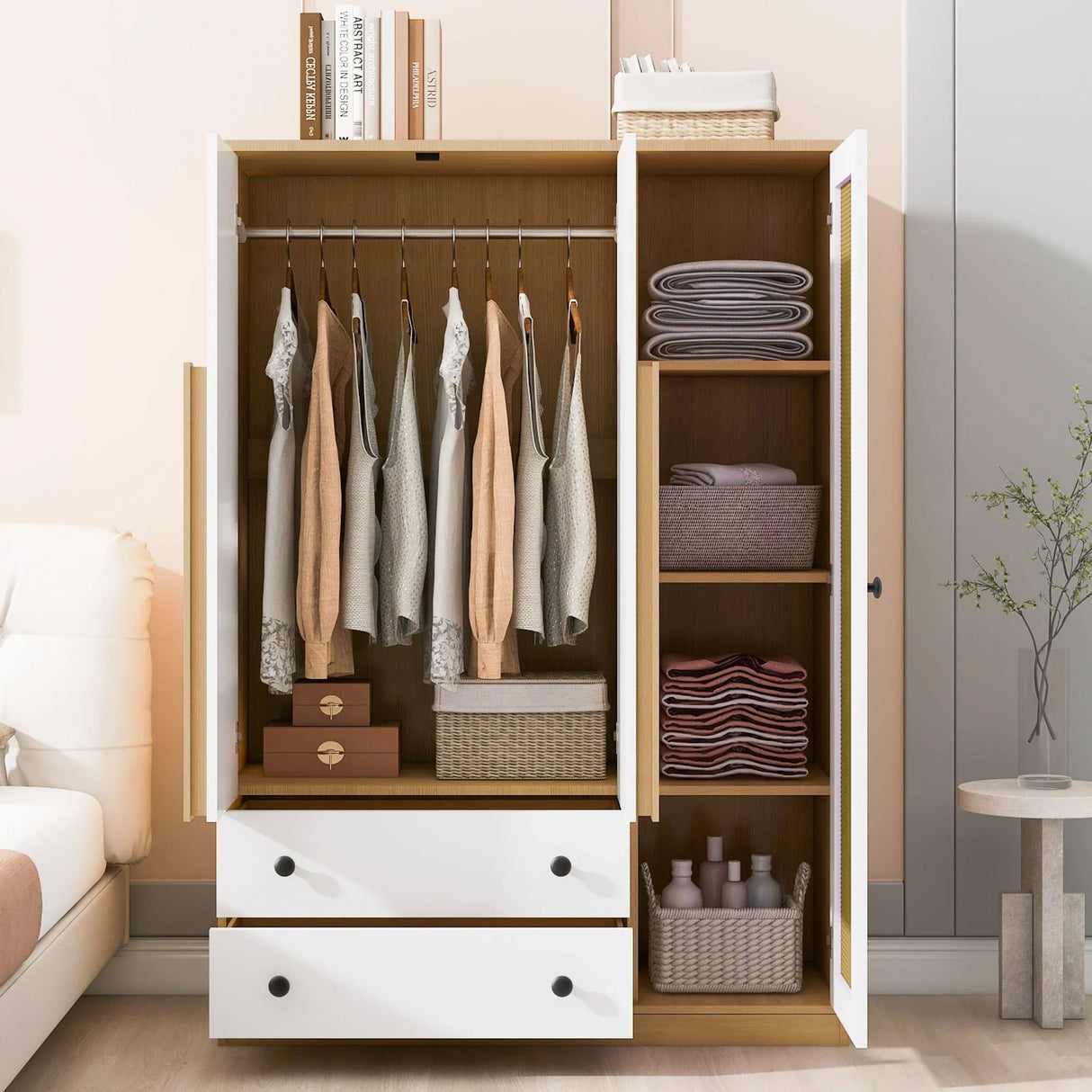 3 Doors Rattan Wardrobe Storage For Bedroom, With 2 Drawers - Furniture Home Direct
