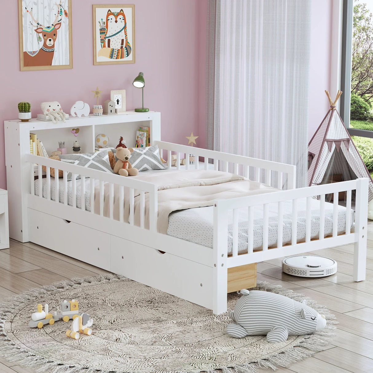 Bed With Headboard Storage Rack, 2 Under Bed Drawers, 3 Side Guardrails For Safety - Furniture Home Direct