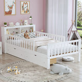 Bed With Headboard Storage Rack, 2 Under Bed Drawers, 3 Side Guardrails For Safety - Furniture Home Direct