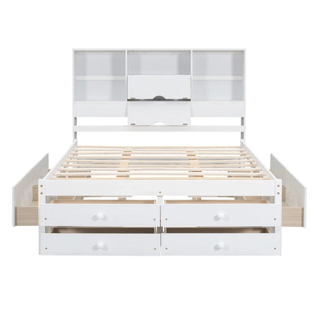 Queen Size Platform Bed With Storage Headboard And 8 Drawers - Gray - Furniture Home Direct