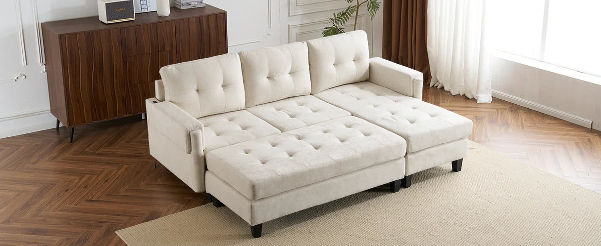 Sleeper Sectional Chenille L Shaped With Chaise Beige - Furniture Home Direct