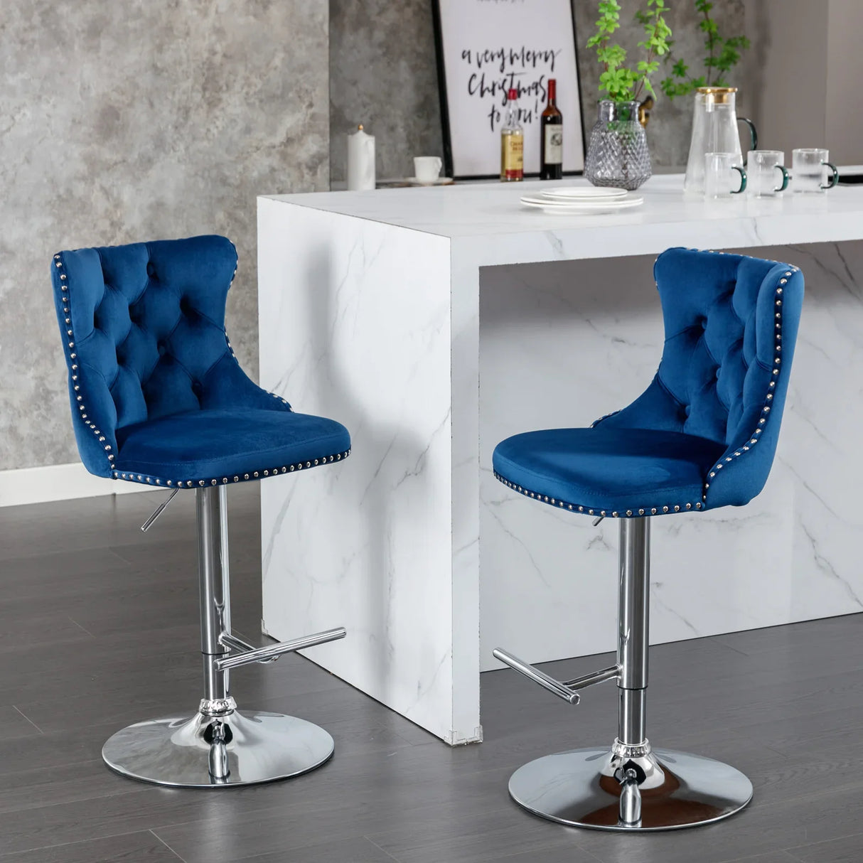 Counter Height Bar Stool Swivel Tufted Velvet Back Blue - Furniture Home Direct