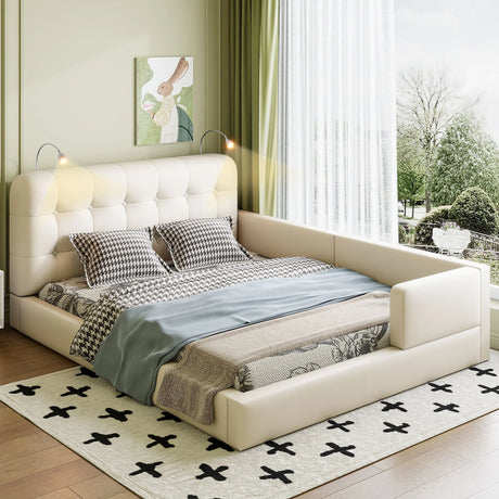 Queen Size Upholstered Platform Bed With 2 Reading Lights - White - Furniture Home Direct