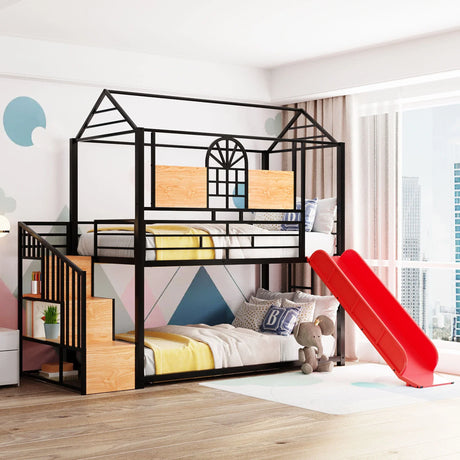 Metal Bunk Bed, Metal Housebed With Slide And Storage Stair - Furniture Home Direct