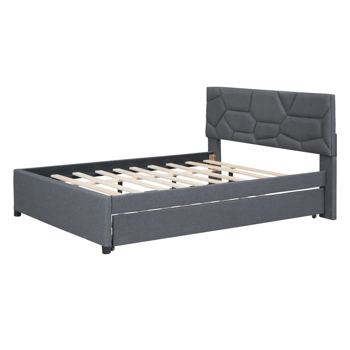 Upholstered Platform Bed With Brick Pattern Headboard And Twin Long Size Trundle - Furniture Home Direct