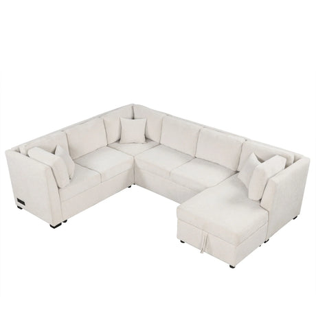U-Shaped Sectional Sofa Pull Out Sofa Bed With Two USB Ports, Two Power Sockets, Three Back Pillows And A Storage Chaise For Living Room - Furniture Home Direct