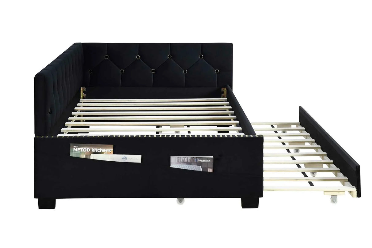 Upholstered Twin Size Daybed Bed Frame (Corner Bed) With Trundle, Velvet Fabric, Studding Design, No Box Spring Required - Furniture Home Direct