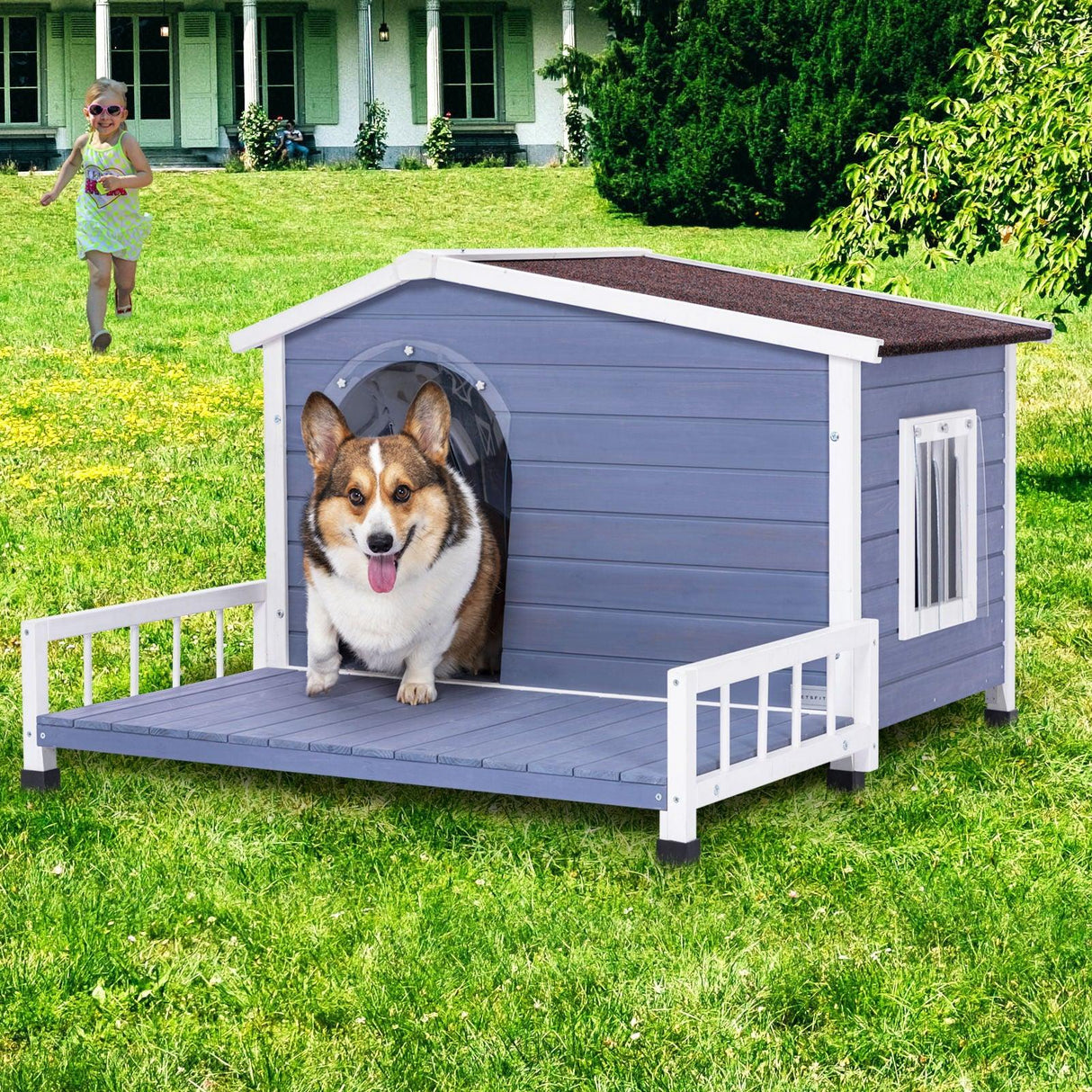 Large Wooden Dog House Indoor Outdoor With Terrace And Open Waterproof Asphalt Roof, Outdoor Dog House With Raised Floor, Windows And Door Curtains, Suitable For Small And Medium Dogs - Gray - Furniture Home Direct