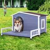 Large Wooden Dog House Indoor Outdoor With Terrace And Open Waterproof Asphalt Roof, Outdoor Dog House With Raised Floor, Windows And Door Curtains, Suitable For Small And Medium Dogs - Gray - Furniture Home Direct