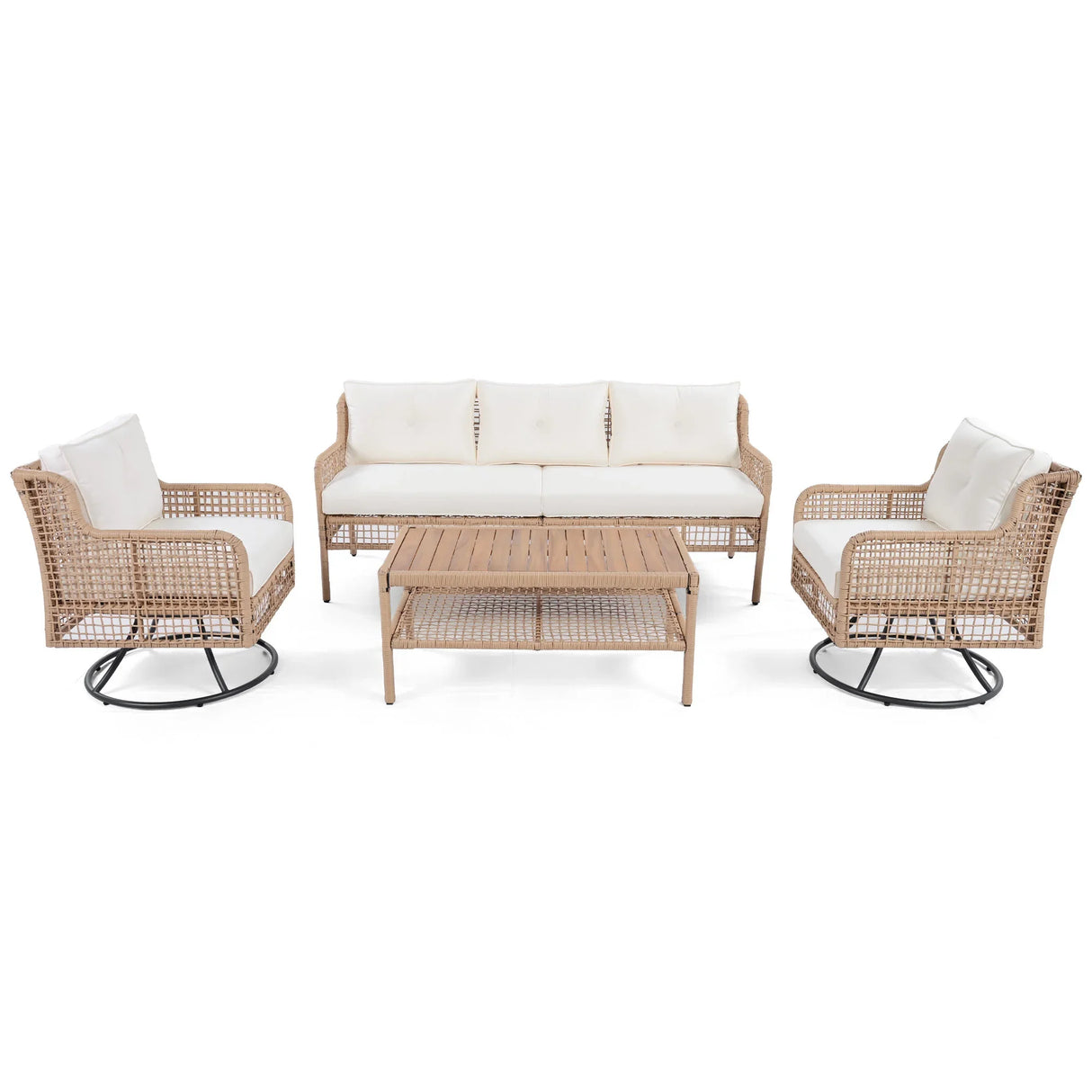 4 Piece Outdoor Patio Set with Swivel Chairs - Beige - Furniture Home Direct