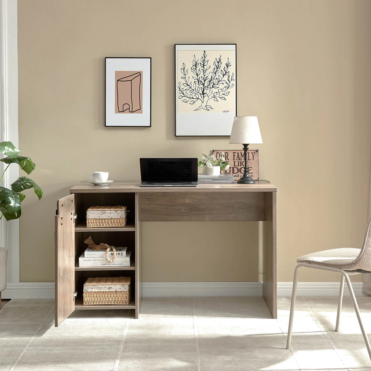 Home Office Desk Hazelnut One Cabinet Three Shelves Faux Barn Door On Metal Euro Hinges Modesty Panel - Light Brown - Furniture Home Direct