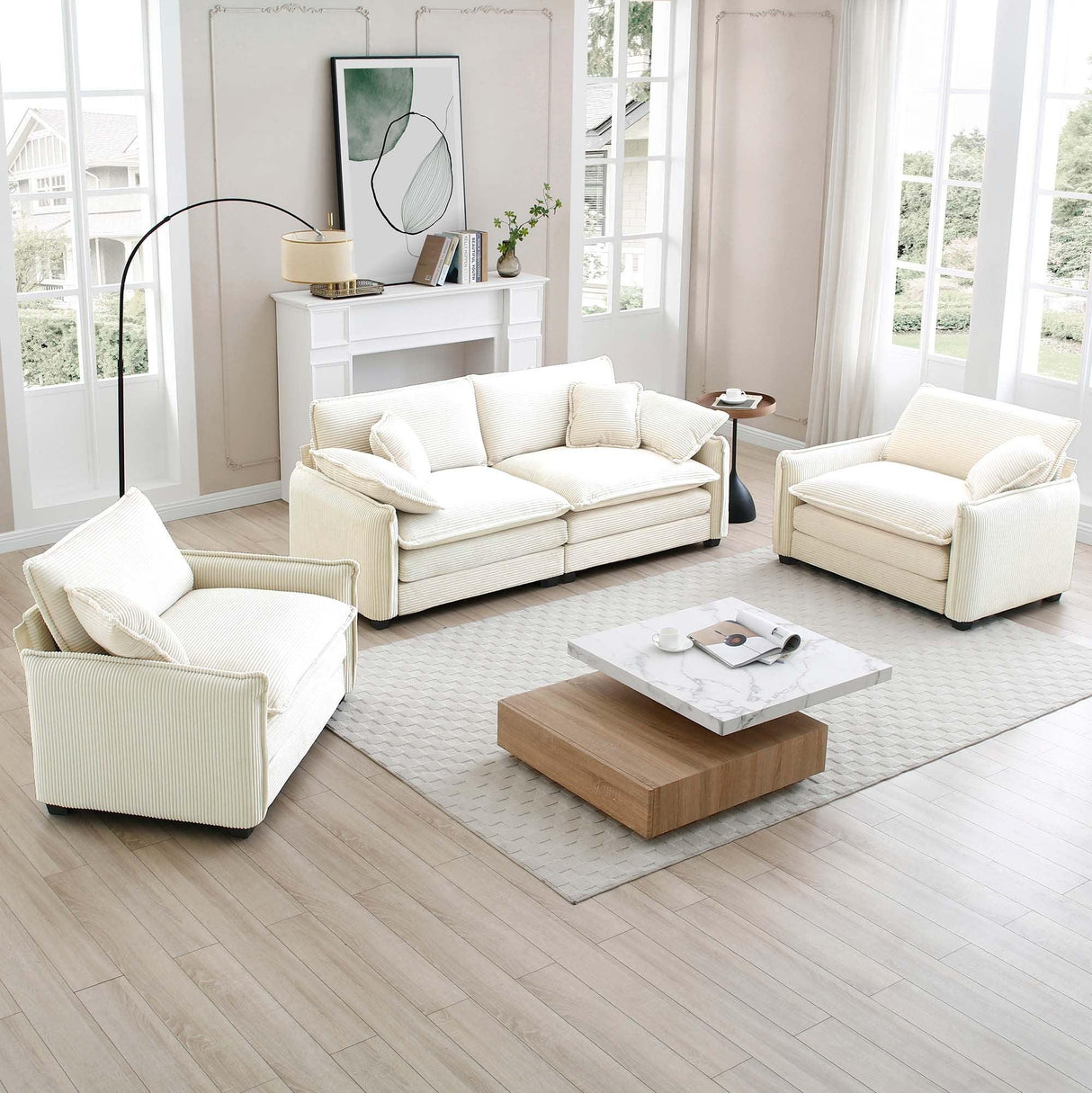 Luxurious and Sophisticated 3 Piece Corduroy Living Room Set with Soft Cushions and Pillows - White - Furniture Home Direct