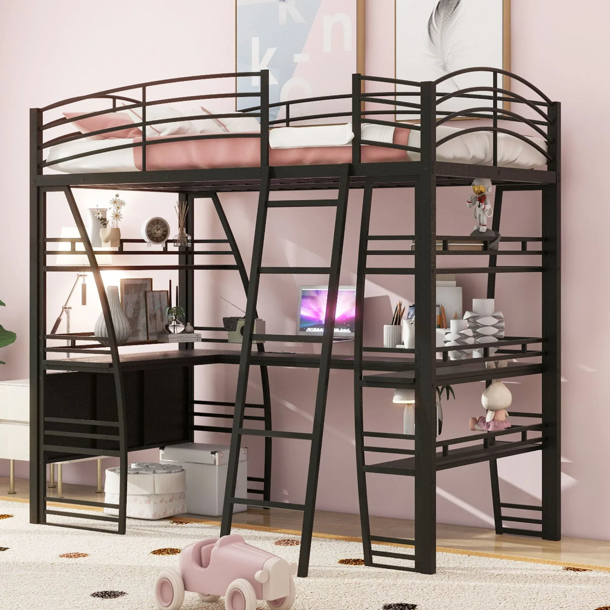 Loft Bed With 4 Layers Of Shelves And L-Shaped Desk, Stylish Metal Frame Bed With A Set Of Sockets, USB Ports And And Wireless Charging - Furniture Home Direct