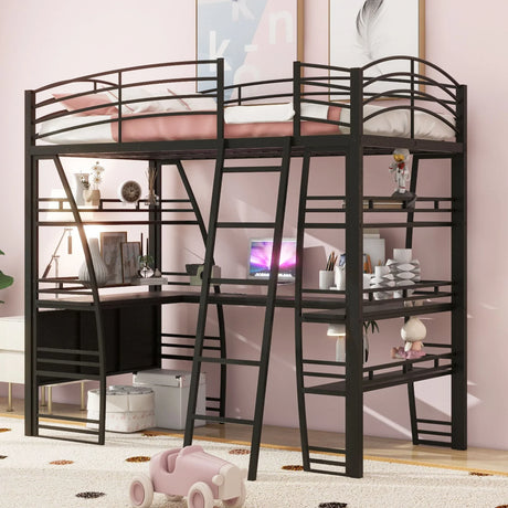 Loft Bed With 4 Layers Of Shelves And L-Shaped Desk, Stylish Metal Frame Bed With A Set Of Sockets, USB Ports And And Wireless Charging - Furniture Home Direct