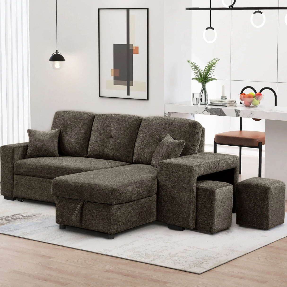 Reversible Sleeper Sectional Sofa Bed With Side Shelf And 2 Stools, Pull-Out L-Shaped Sofa Bed, Corner Sofa-Bed With Storage Chaise Left / Right Hande For Living Room - Furniture Home Direct