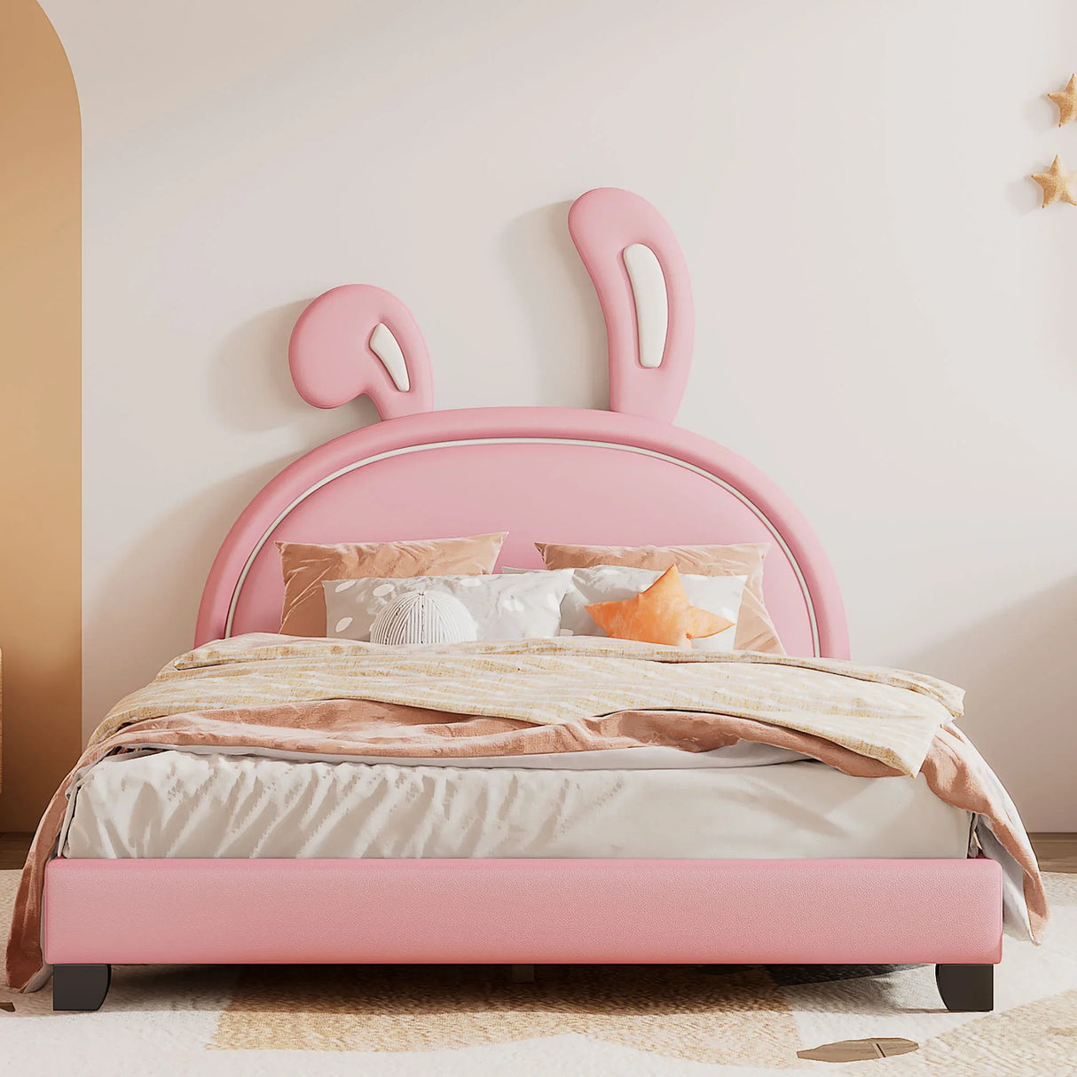 Upholstered Leather Platform Bed With Rabbit Ornament - Furniture Home Direct