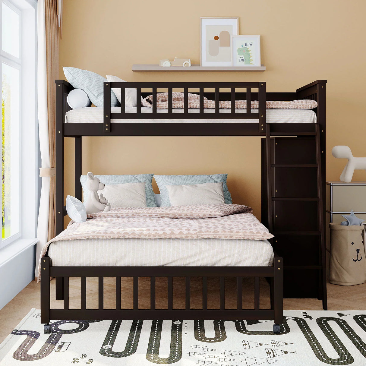 Bunk Bed With 6 Drawers And Flexible Shelves, Bottom Bed With Wheels - Furniture Home Direct
