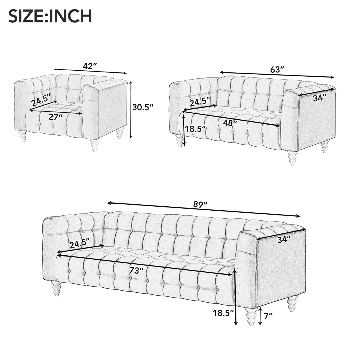 Modern 3-Living Room Set Including Sofa, love seat and Chair with solid wood legs, buttoned tufted backrest - Blue - Furniture Home Direct