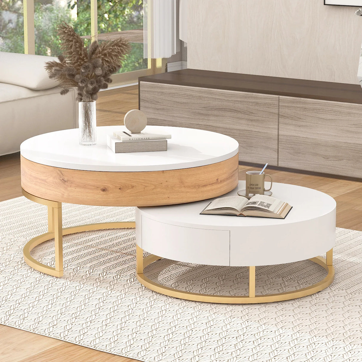 Nesting Coffee Tables Lift Top With 2 Drawers White Natural - Furniture Home Direct
